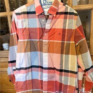 Tommy Hilfiger Men's Red and Blue Plaid Shirt